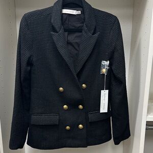 Bishop + Young Textured Black Blazer with Gold Buttons
